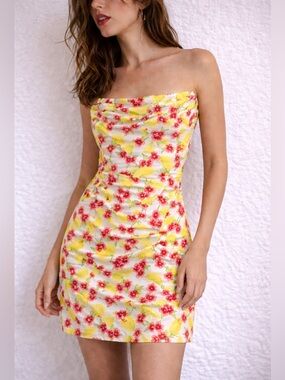 Amy Matto Yellow Lemon Floral Strapless Mini Dress XS Euro Summer Coquette